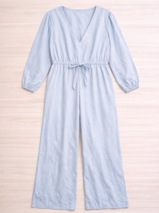 Other Pants - Light Blue V-Neck Long Sleeve Linen-Blend Jumpsuit